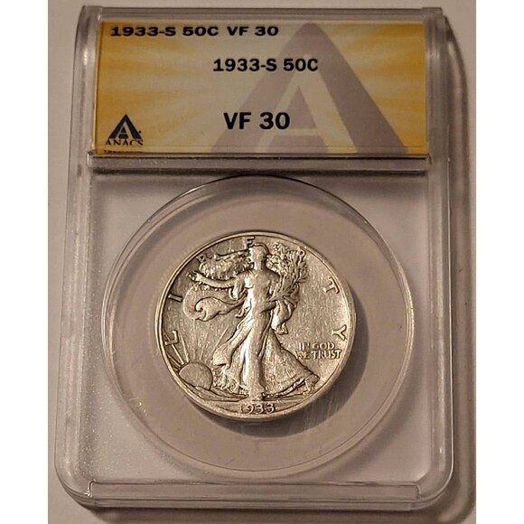 1933 S Walking Liberty Silver Half Dollar VF30 ANACS - Picture 1 of 2